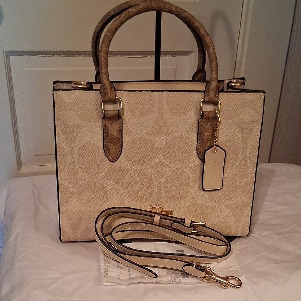 Coach Beige Signature Canvas Satchel with Tan Handles - Picture 2 of 13